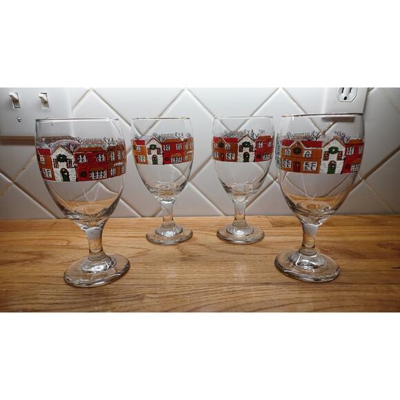 Set of 4 Vintage Christmas Winter Village by Libby Water Goblet Glasses - Picture 2 of 5